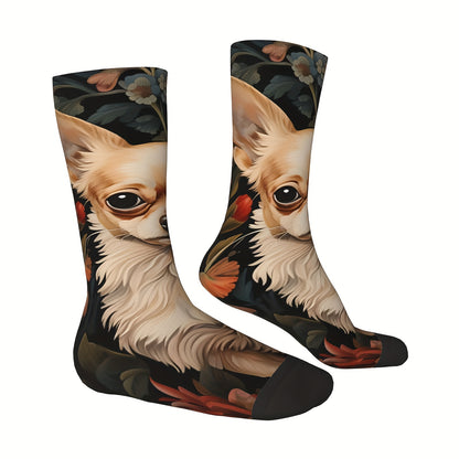 1 Pair Of Men's Happy Funny Chihuahua In A Vintage Garden Print Crew Socks, Vintage Harajuku Hip Hop Novelty Seamless Crew Crazy Sock, Breathable Soft Comfy Socks For Gift - Trendy Socks4me