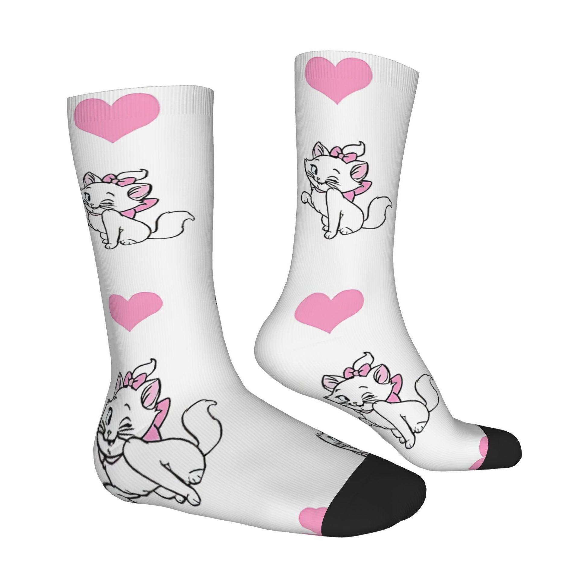 1 Pair Compression Socks, Polyester Knit Fabric with 5% Elastane, Hand Washable, Seamless Patterned Crew Socks with Kitty and Heart Design, for Men and Women, Hip Hop Retro Style - Trendy Socks4me