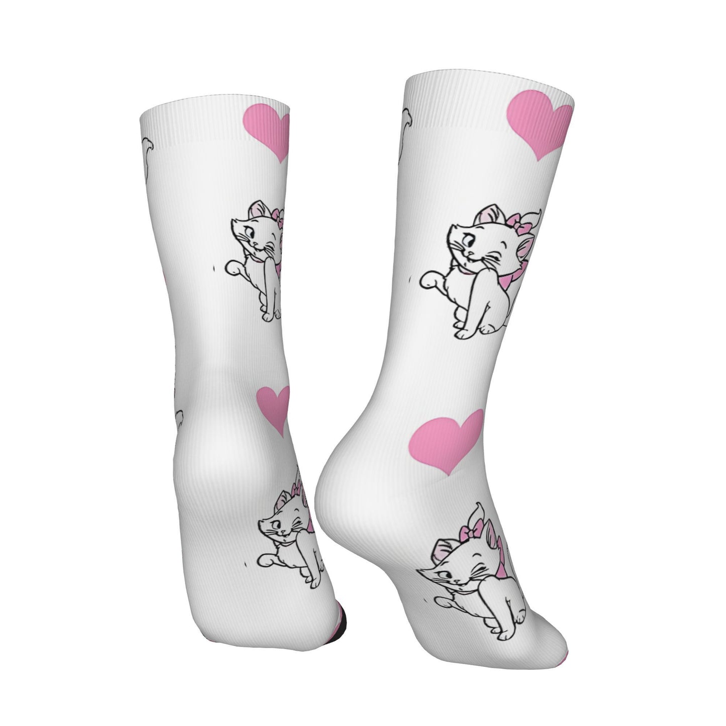 1 Pair Compression Socks, Polyester Knit Fabric with 5% Elastane, Hand Washable, Seamless Patterned Crew Socks with Kitty and Heart Design, for Men and Women, Hip Hop Retro Style - Trendy Socks4me